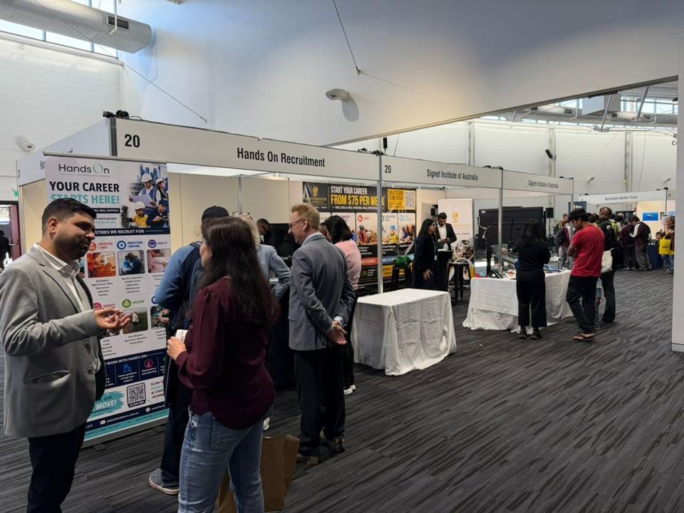 Stands at a careers and training expo in Australia