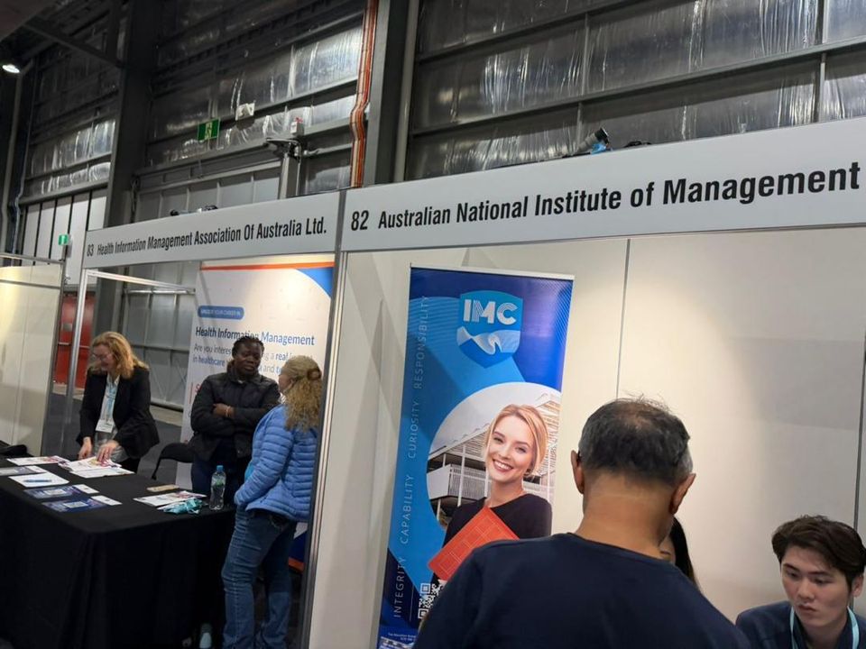 Exhibitor stands at a careers and training expo in Australia